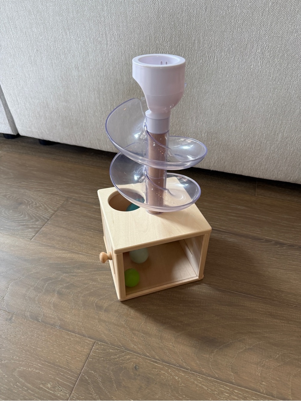 Wooden Ball Drop Toy with Clear Spiral Ramp - Natural Wood & Light Pink